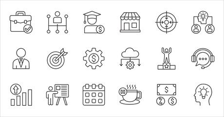 Business company icon set. Management icons. Contains symbol of finance, success, data, businessman, target, customer service, work, money, store, shop, meeting, education, idea. Vector illustration