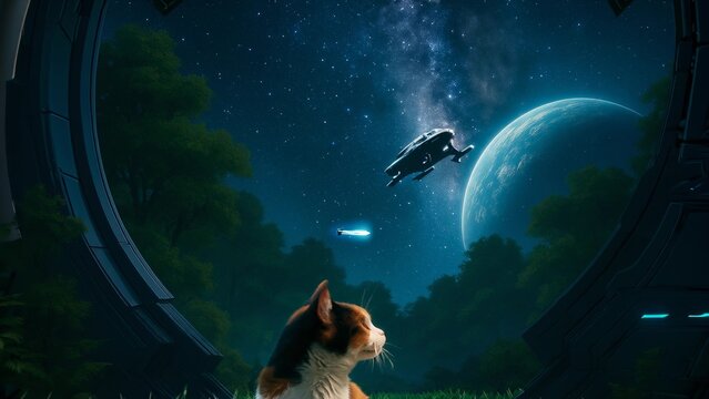 Calico cat sits in the grass, gazing up at a spaceship and a large planet in the night sky, framed by futuristic architecture and lush trees - Powered by Adobe