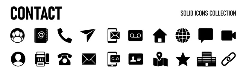 Contact icon set. Containing e-mail, phone, address, customer service, call, website and more. Solid icons vector collection.