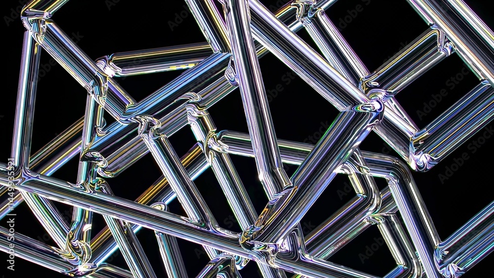 Wall mural interconnected glass rods form a complex, geometric structure, creating an abstract visual with irid