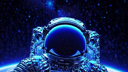 Astronaut wearing a futuristic, reflective spacesuit floats in the vast expanse of deep space, with a backdrop of countless stars and the earth's horizon visible in the distance