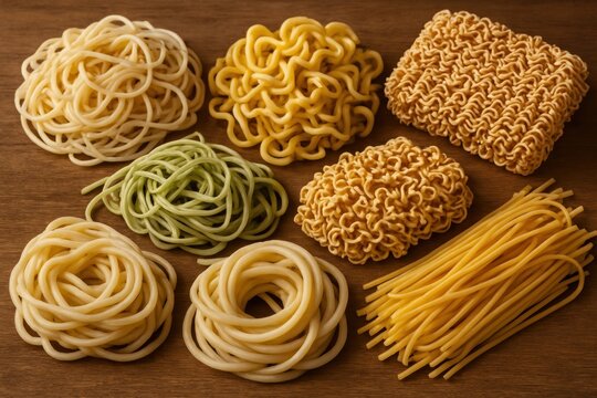 Variety of uncooked noodles displayed.