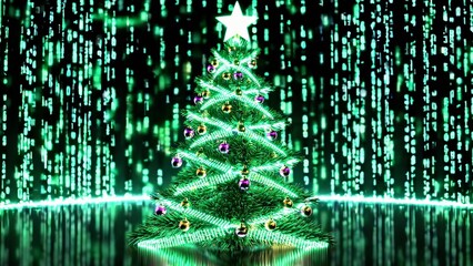 Decorated christmas tree with colorful ornaments and bright star is shining on dark background with green digital data stream flowing like in matrix movie