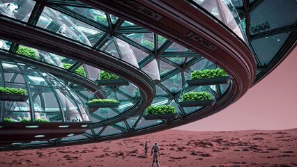 Two astronauts observing a futuristic greenhouse with vegetables inside a transparent dome on a mars base, highlighting space colonization and sustainable agriculture