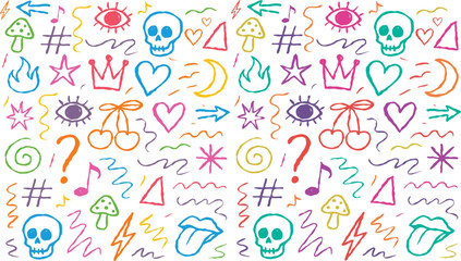 Punk doodle hand drawn vector, Colorful Hand Drawn Symbols and Illustrations, colorful Kid Doodles Background Hand Drawn Children's Art