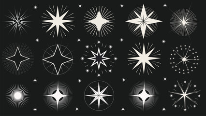 Elegant Geometric Starburst Collection on Dark Background, Modern Star and Burst Vector Design Set
