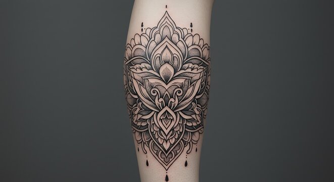 Detailed mandala tattoo design on leg showcasing intricate patterns and shading for body art enthusiasts and creative inspiration