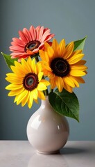 Vibrant colors of sunflower arrangement in a modern vase , still life, colorful, botanical