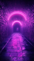 Vibrant neon lights illuminate a mysterious underground tunnel in an urban setting at night