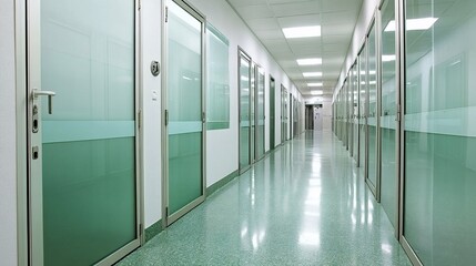 Clean, modern corridor with frosted glass doors