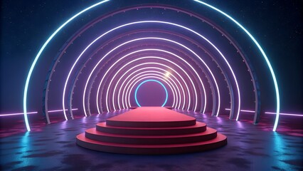Fototapeta premium Neon Portal to Abstraction: An otherworldly tunnel formed by vibrant pink and blue neon arches, leading to a gleaming light at the end. The dramatic composition with a red platform in the center.