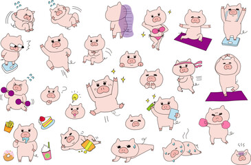 ダイエットをがんばるブタの女の子のイラストセット