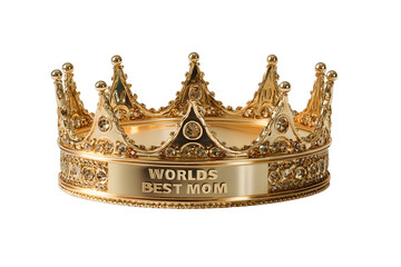 A golden crown with the inscription worlds best mom on a black background in a studio shot white background