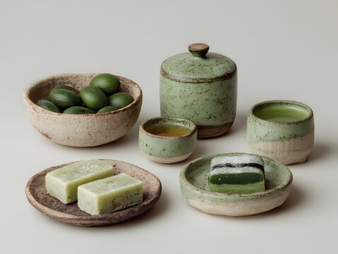Fototapeta Green Tea Ceremony Set: A serene and minimalist still life showcasing a handcrafted ceramic tea set, featuring a teapot, cups, and bowls, accompanied by matcha sweets and olives.