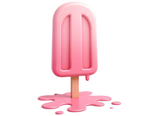 3D melting pink ice cream popsicle standing upright on white background. Generative AI