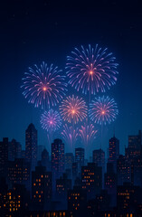 Intense firework display lighting up the night sky above a bustling urban skyline, blending vivid blues and reds with glowing apartment windows.
