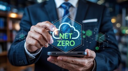 Businessperson interacting with a net zero cloud graphic.