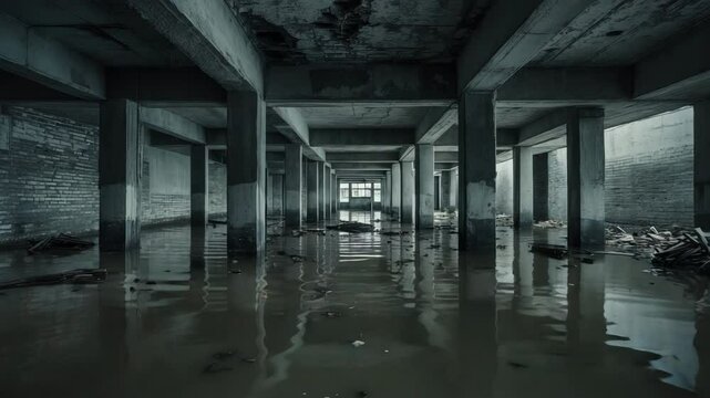 The foundation of a building under construction is inundated with polluted flood water.