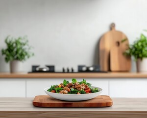 Smart kitchen with holographic recipe display above stove, automatic smart kitchen, nextgen culinary tech