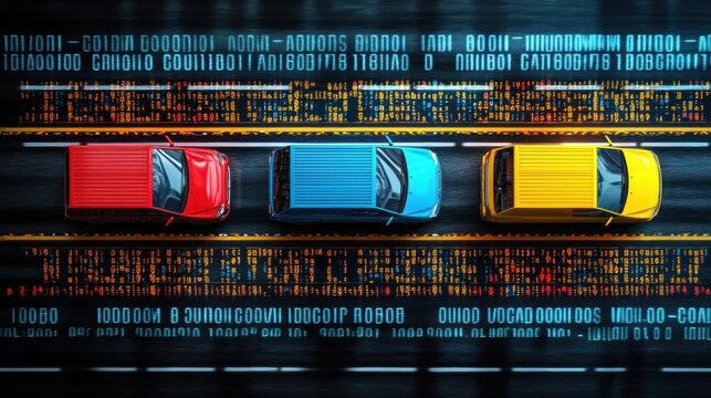 Three cars on road with binary data overlayed - Powered by Adobe
