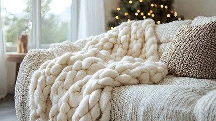 Cozy cream chunky knit blanket draped over a light beige sofa.