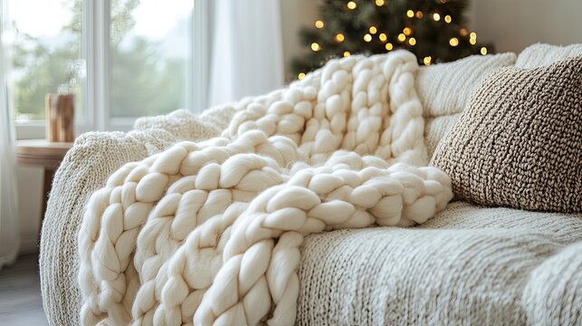 Cozy cream chunky knit blanket draped over a light beige sofa.