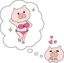 理想の美ボディを想像するブタの女の子のイラスト