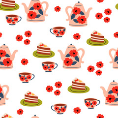 Seamless pattern with teapot, mug, flowers and delicious cake. Warm morning beverage, teatime. Flat graphic tea vector illustration on a white background. 