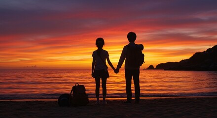 Couple Holding Hands on Beach at Sunset with Backpacks