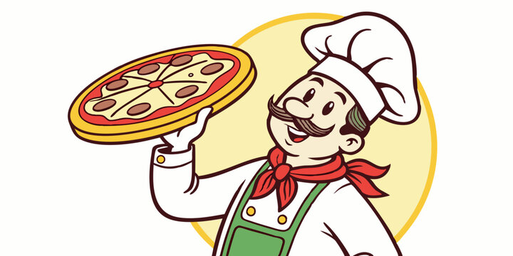 Happy Pizza Chef Cartoon Character Design Perfect for Restaurant Branding and Menu Design	