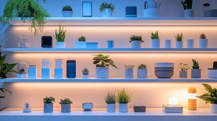 Stylish Shelves Displaying Plants Electronics and Decor