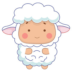 Cute cartoon sheep with fluffy white fur and pink ears, smiling happily on a white background. Perfect for nursery designs or nursery decor.