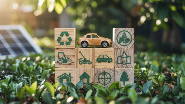 Wooden blocks representing sustainable living concepts in a garden setting.