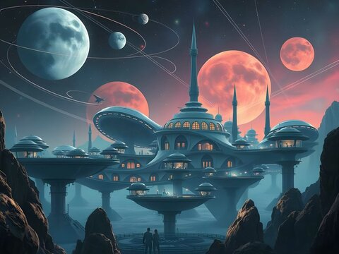Ciudad alien&iacute;gena futurista con plataformas flotantes, luces bioluminiscentes, lunas m&uacute;ltiples y atm&oacute;sfera surrealista, ideal para arte conceptual