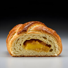 A close up shot of a pastry with a filling, showcasing its texture and golden brown crust details
