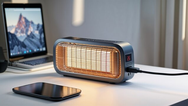 Photorealistic image of a usb desk heater fan with tip-over protection on a white background