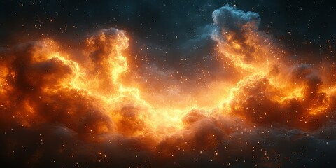 Fototapeta premium Fiery clouds illuminate the night sky with swirling orange and blue hues above a cosmic landscape