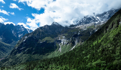 Fototapeta premium Aerial view of beautiful high altitude snow capped mountain and forest landscape
