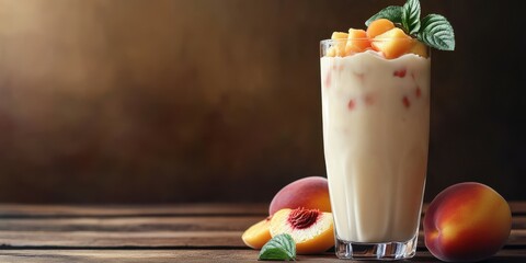Creamy peach smoothie with fresh fruit and mint leaves on a wooden table during a warm afternoon