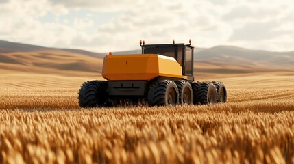 Obraz premium Autonomous Tractor Harvesting Wheat in Golden Field at Sunset