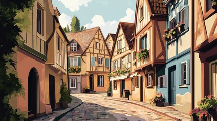 Obraz premium charming european street scene quaint village cobblestone road