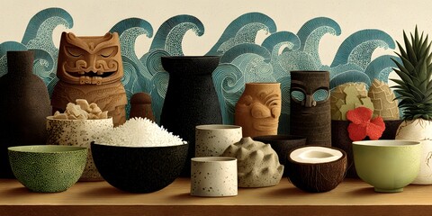 Ancient Traditions of a Faraway Land: A captivating visual feast, presenting a meticulously curated display of artifacts from a remote culture, evoking a sense of mystery and deep-rooted history. 