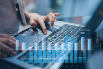 Woman sitting in cafe using computer laptop analyse business data charts working with virtual data charts, Devops software developer operation work with agile programer development