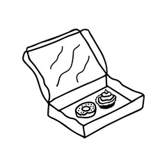 Hand drawn doodle open cardboard box with a donut and cupcake inside. Isolated on white background