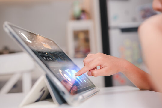 kid skill development and activity  learning concept children using digital tablet in classroom working with robot analysing or creating program and data chart