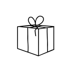 Hand drawn doodle simple gift box with ribbon. Isolated on white background