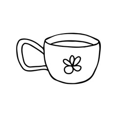 Hand drawn doodle hot drink cup with floral pattern. A mug of coffee or tea with flower. Isolated on white background