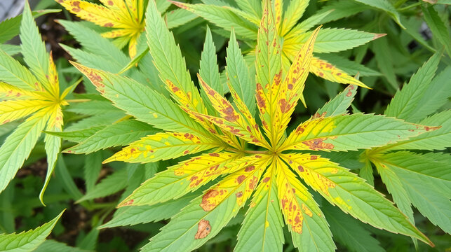 Cannabis leaves show fusarium wilt, field cannabis wilt caused by fungi and excessive watering.