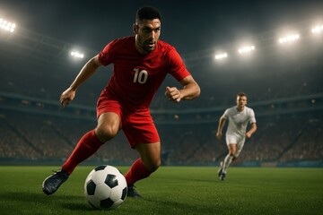 Intense soccer match action shot.