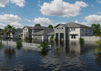 Suburban houses flooded under partly cloudy sky.